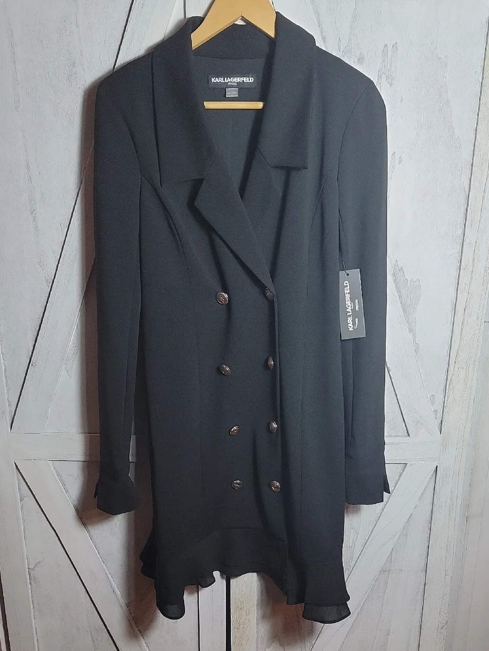 Karl Lagerfeld Black Double-Breasted Ruffle-Hem Blazer Dress Size 6 - Picture 1 of 15